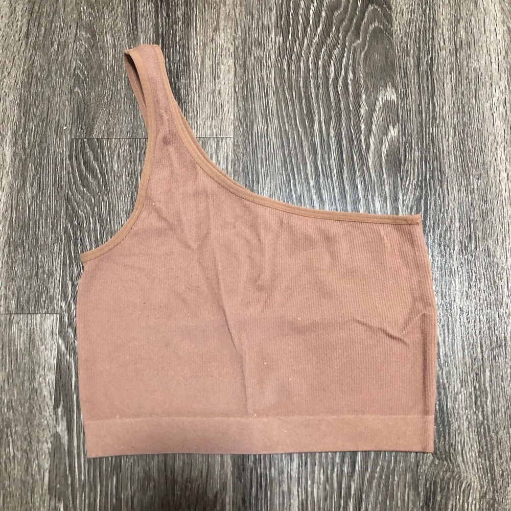BOZZOLO Seamless Ribbed One Shoulder Crop Top Tank Nude Tan S/M